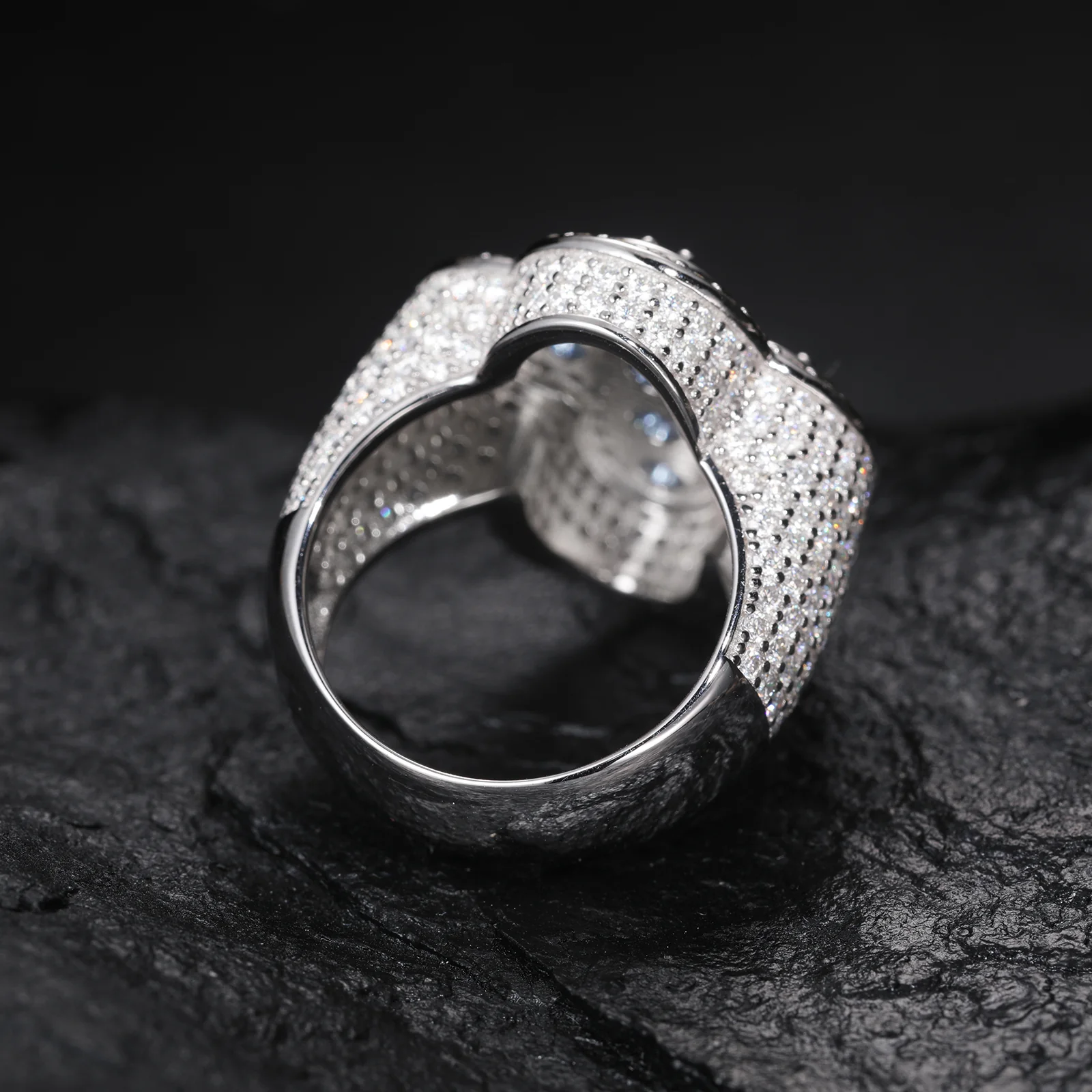 MOISSANITE DIAMOND AND BLUE CZ ICED OUT CROSS RING IN STERLING SILVER - Image 4
