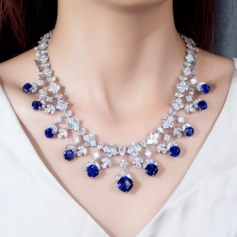 MOISSANITE DIAMOND AND LAB GROWN SAPPHIRE CHAIN NECKLACE RING EARRINGS JEWELRY SET IN STERLING SILVER - Image 3