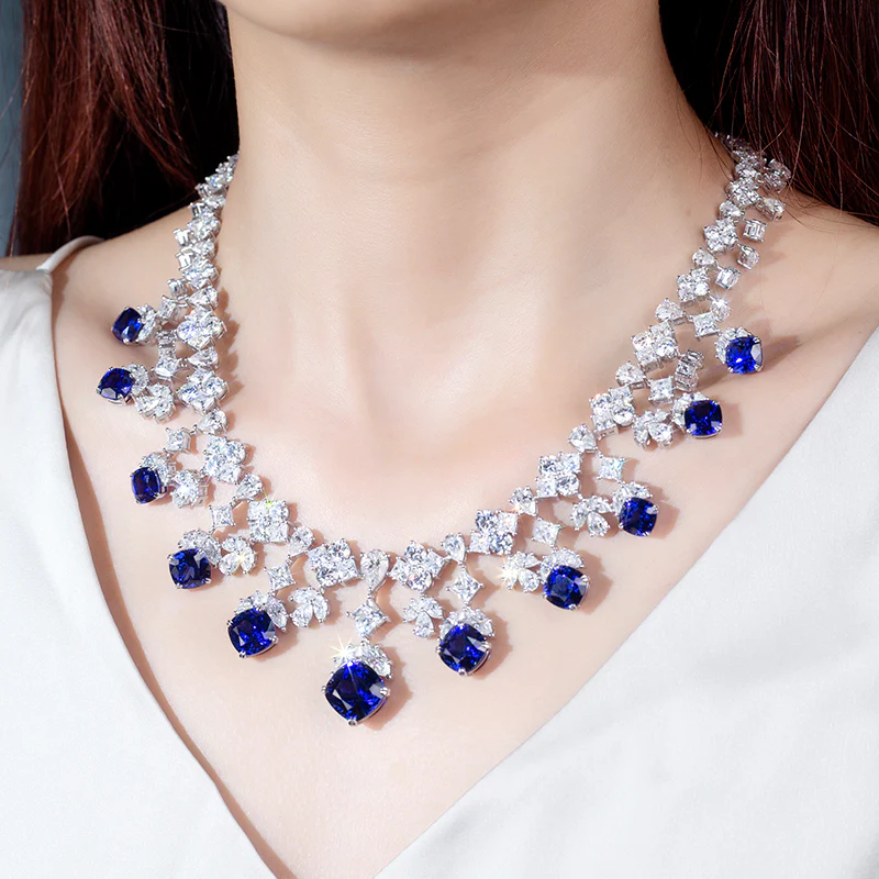 MOISSANITE DIAMOND AND LAB GROWN SAPPHIRE CHAIN NECKLACE RING EARRINGS JEWELRY SET IN STERLING SILVER - Image 4