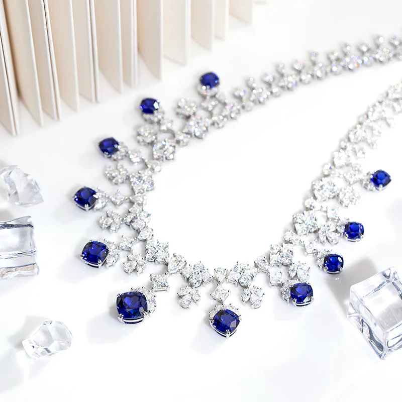 MOISSANITE DIAMOND AND LAB GROWN SAPPHIRE CHAIN NECKLACE RING EARRINGS JEWELRY SET IN STERLING SILVER - Image 5