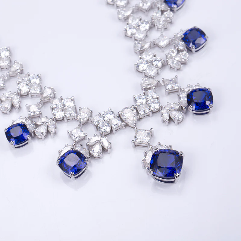 MOISSANITE DIAMOND AND LAB GROWN SAPPHIRE CHAIN NECKLACE RING EARRINGS JEWELRY SET IN STERLING SILVER - Image 6