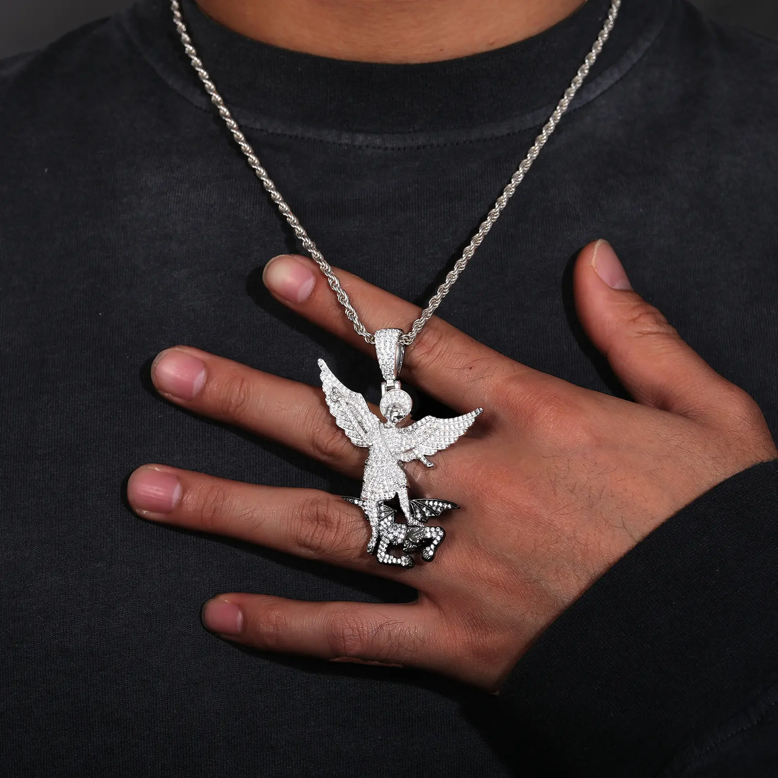 MOISSANITE DIAMOND ANGELS AND DEMONS PENDANT NECKLACE IN STERLING SILVER - Image 3