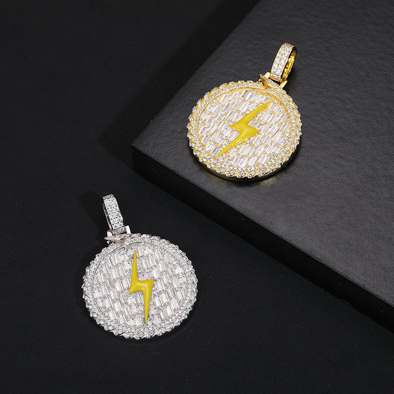 BAGUETTE MOISSANITE ENAMEL LIGHTNING ROUND PENDANT IN STERLING SILVER - Image 2