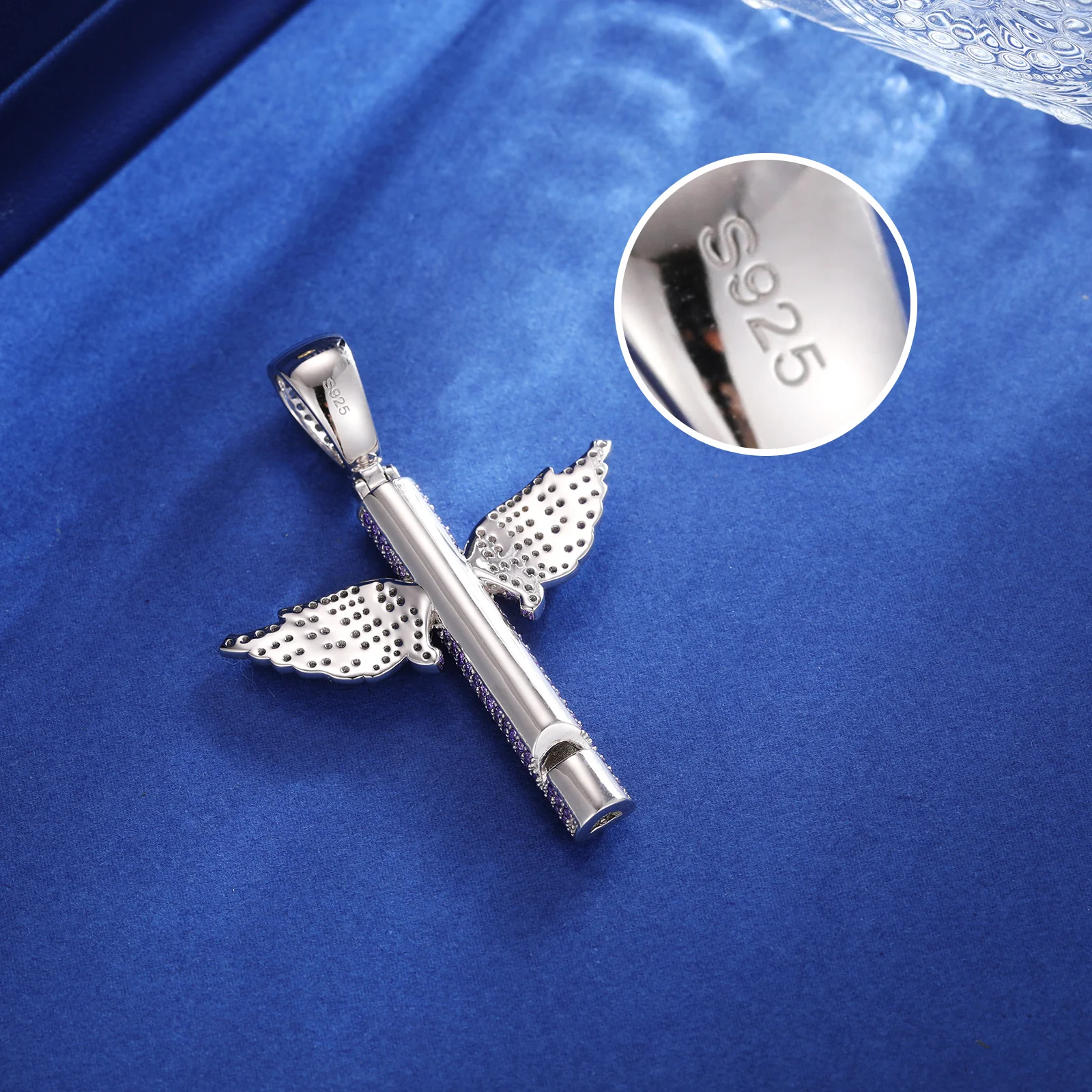 MOISSANITE DIAMOND BIRTHSTONE WING WHISTLE BREATHING PENDANT NECKLACE IN STERLING SILVER - Image 3