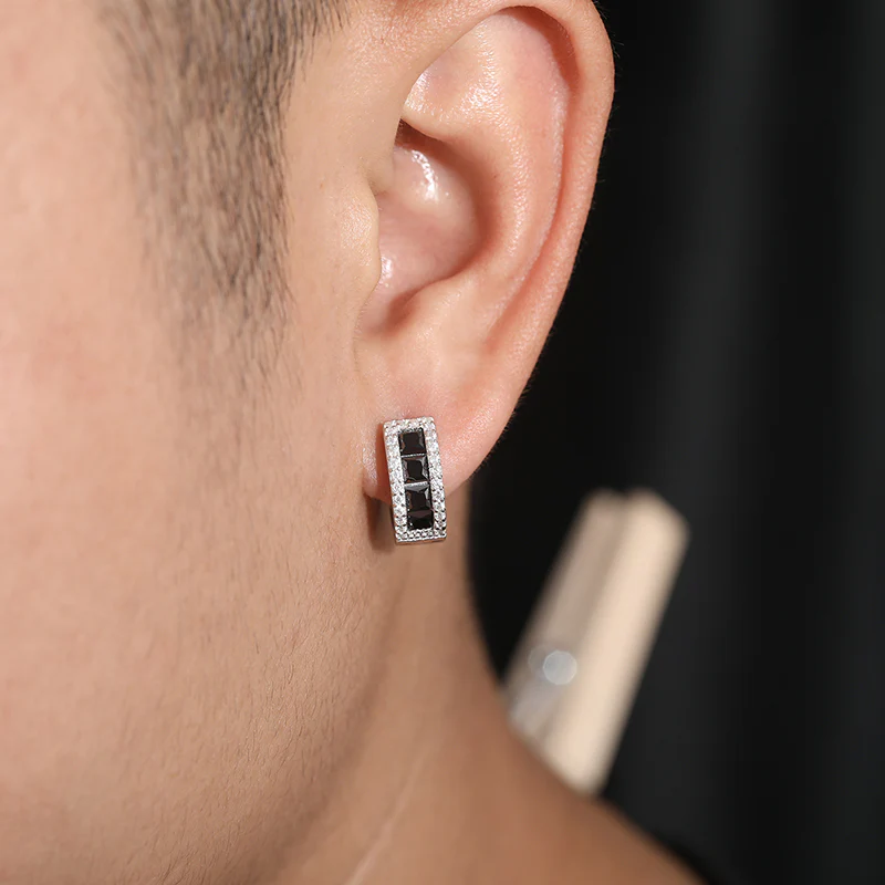 MOISSANITE DIAMOND BLACK EMERALD CUT HOOP EARRINGS IN STERLING SILVER - Image 2