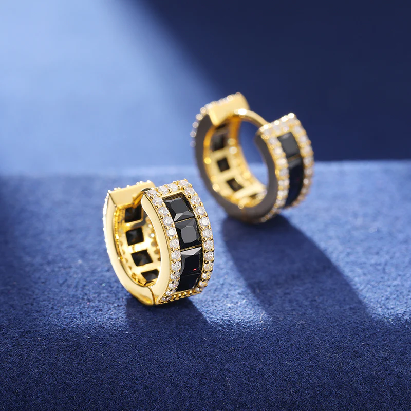 MOISSANITE DIAMOND BLACK EMERALD CUT HOOP EARRINGS IN STERLING SILVER - Image 3