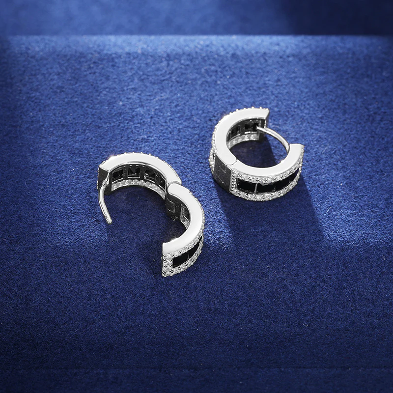 MOISSANITE DIAMOND BLACK EMERALD CUT HOOP EARRINGS IN STERLING SILVER - Image 4