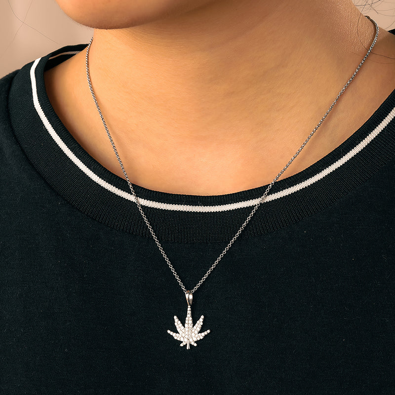 MOISSANITE DIAMOND CANNABIS WEED LEAF PENDANT IN STERLING SILVER - Image 2