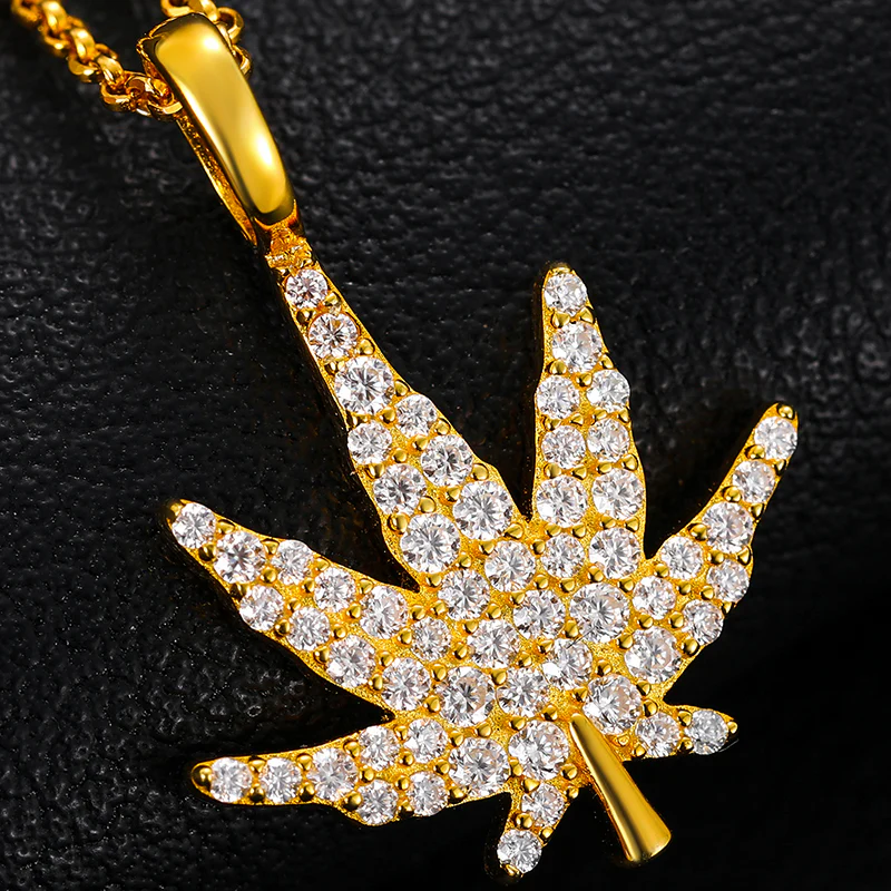 MOISSANITE DIAMOND CANNABIS WEED LEAF PENDANT IN STERLING SILVER - Image 4
