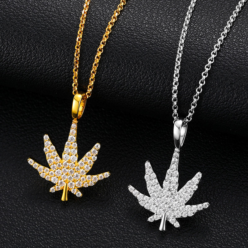 MOISSANITE DIAMOND CANNABIS WEED LEAF PENDANT IN STERLING SILVER - Image 5