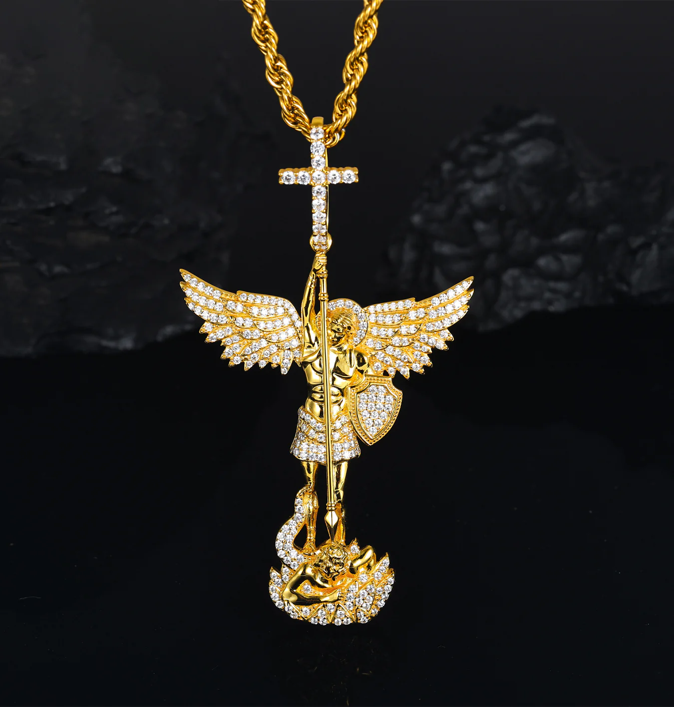 MOISSANITE DIAMOND CHASTISEMENT ANGEL PENDANT WITH CROSS BAIL IN STERLING SILVER