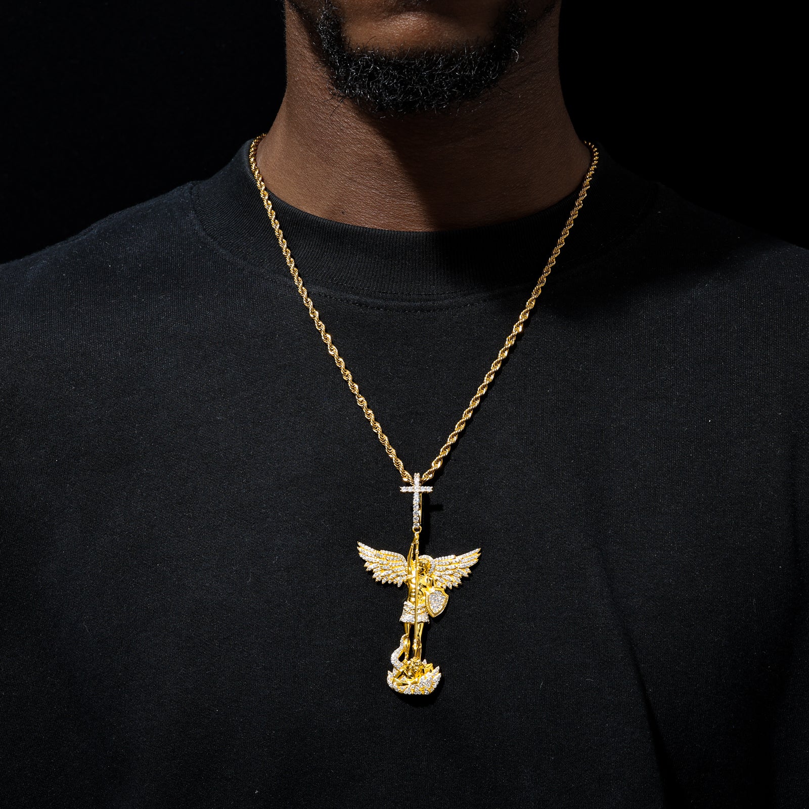 MOISSANITE DIAMOND CHASTISEMENT ANGEL PENDANT WITH CROSS BAIL IN STERLING SILVER - Image 2