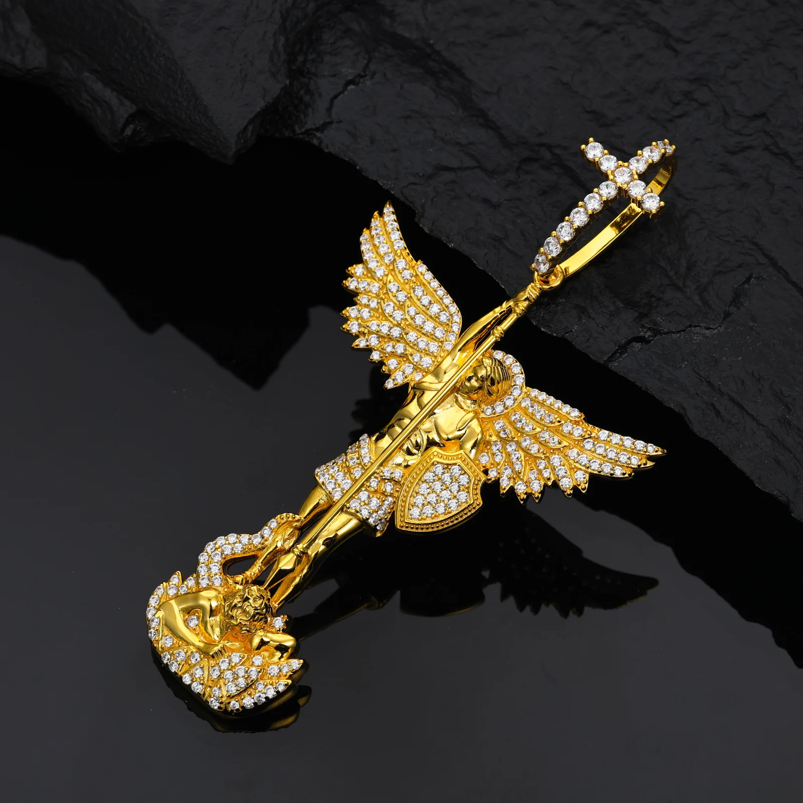 MOISSANITE DIAMOND CHASTISEMENT ANGEL PENDANT WITH CROSS BAIL IN STERLING SILVER - Image 3