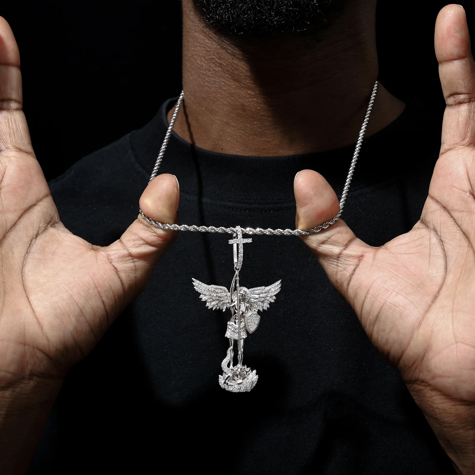 MOISSANITE DIAMOND CHASTISEMENT ANGEL PENDANT WITH CROSS BAIL IN STERLING SILVER - Image 4