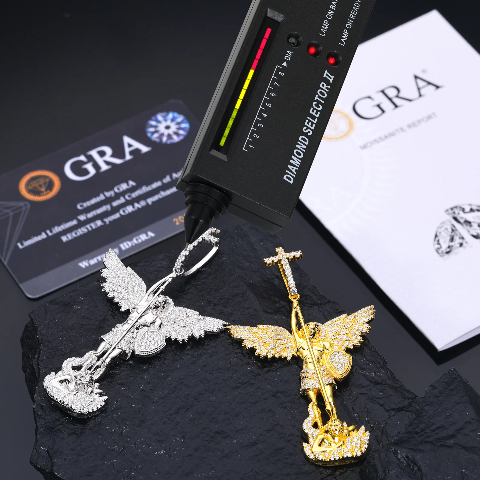 MOISSANITE DIAMOND CHASTISEMENT ANGEL PENDANT WITH CROSS BAIL IN STERLING SILVER - Image 5