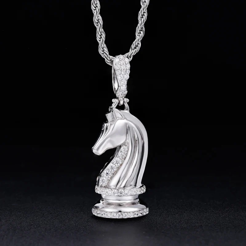 MOISSANITE DIAMOND CHESS KNIGHT HORSE PENDANT IN STERLING SILVER - Image 2