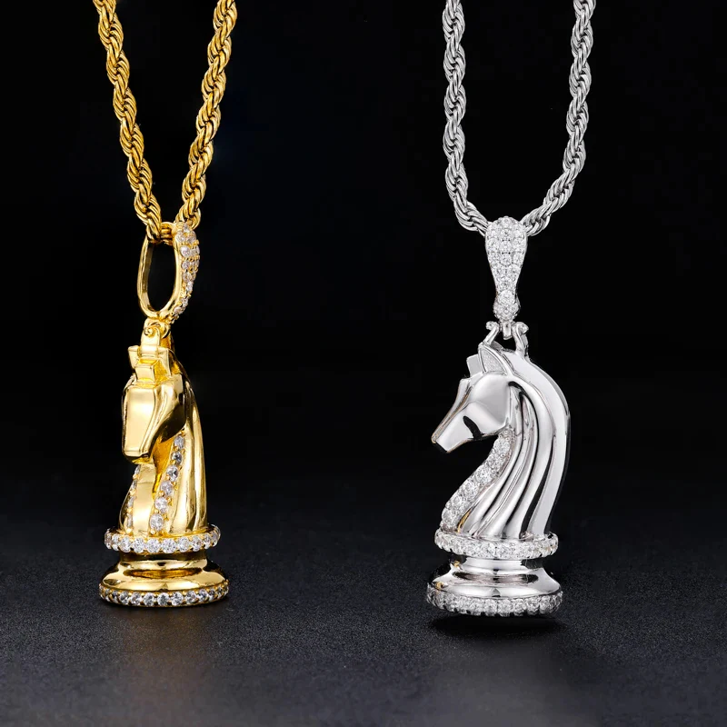 MOISSANITE DIAMOND CHESS KNIGHT HORSE PENDANT IN STERLING SILVER - Image 3