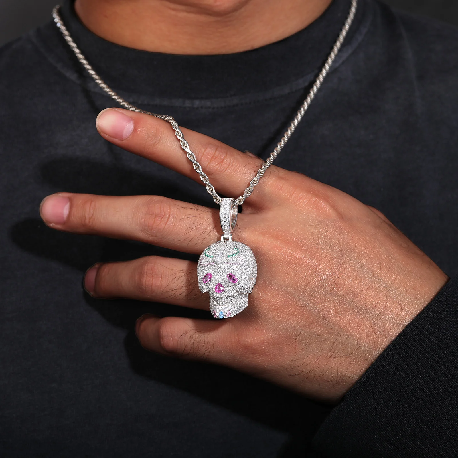 MOISSANITE DIAMOND COLORED CZ GHOST RIDER PENDANT IN STERLING SILVER - Image 3