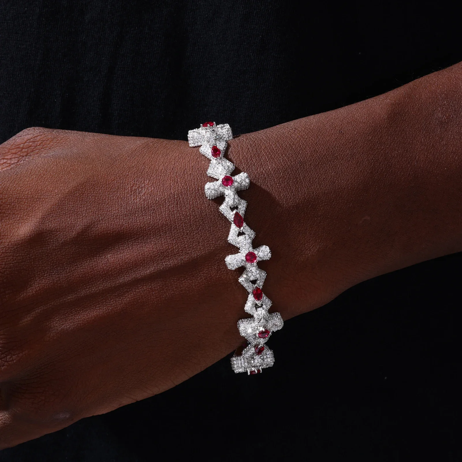 MOISSANITE DIAMOND CRIMSON SOVEREIGN CROSS BRACELET IN STERLING SILVER - Image 4