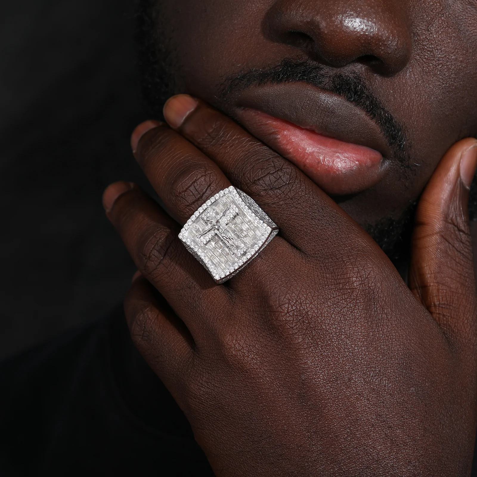 MOISSANITE DIAMOND CRUCIFIXION JESUS STAMP RING IN STERLING SILVER - Image 3