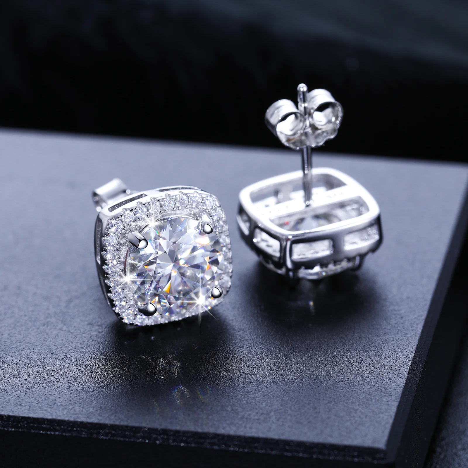 MOISSANITE DIAMOND CUBE HALO STUD EARRINGS IN STERLING SILVER - Image 2
