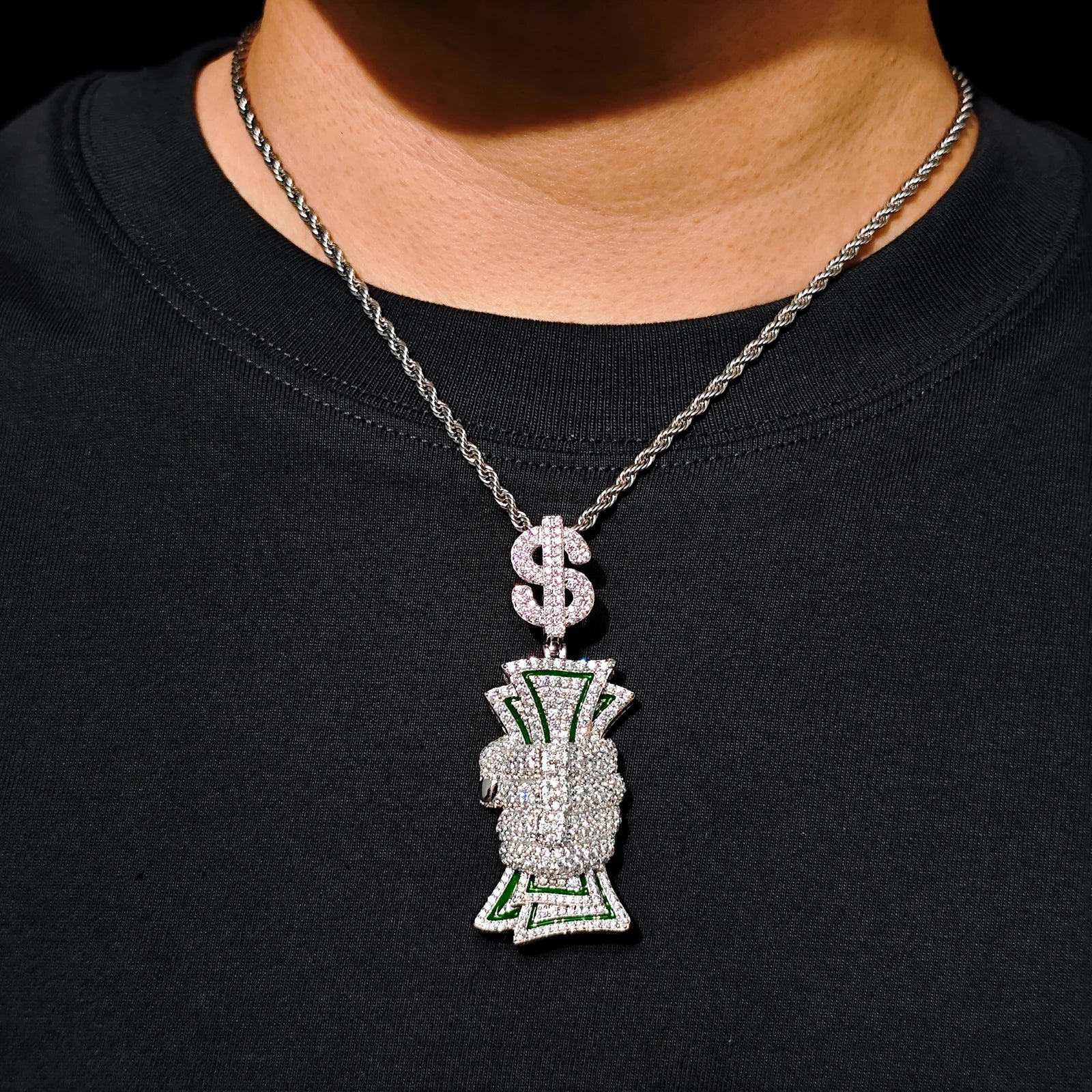 MOISSANITE DIAMOND DOLLAR SIGN MONEY GRAB PENDANT IN STERLING SILVER - Image 2