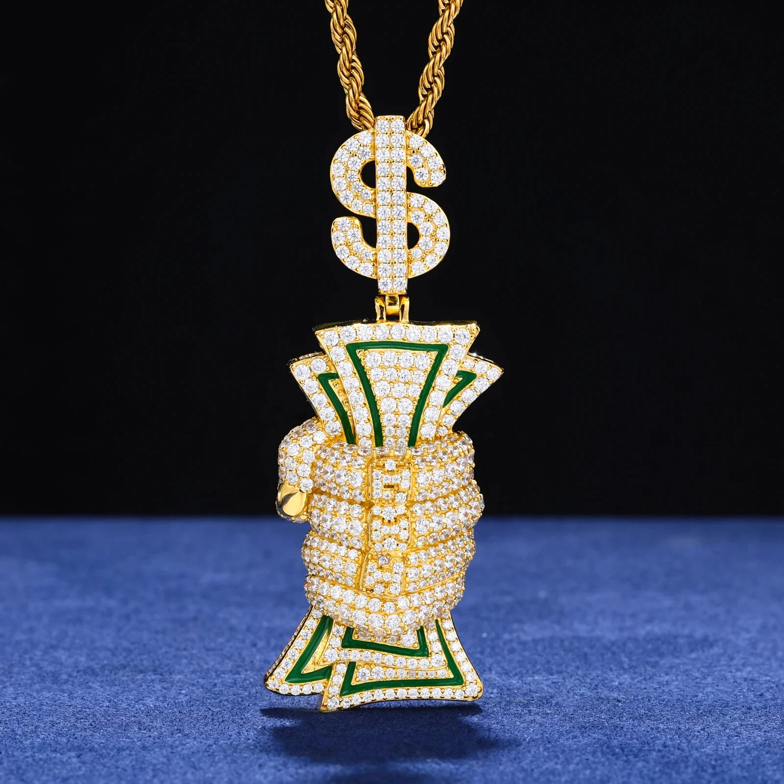 MOISSANITE DIAMOND DOLLAR SIGN MONEY GRAB PENDANT IN STERLING SILVER - Image 3
