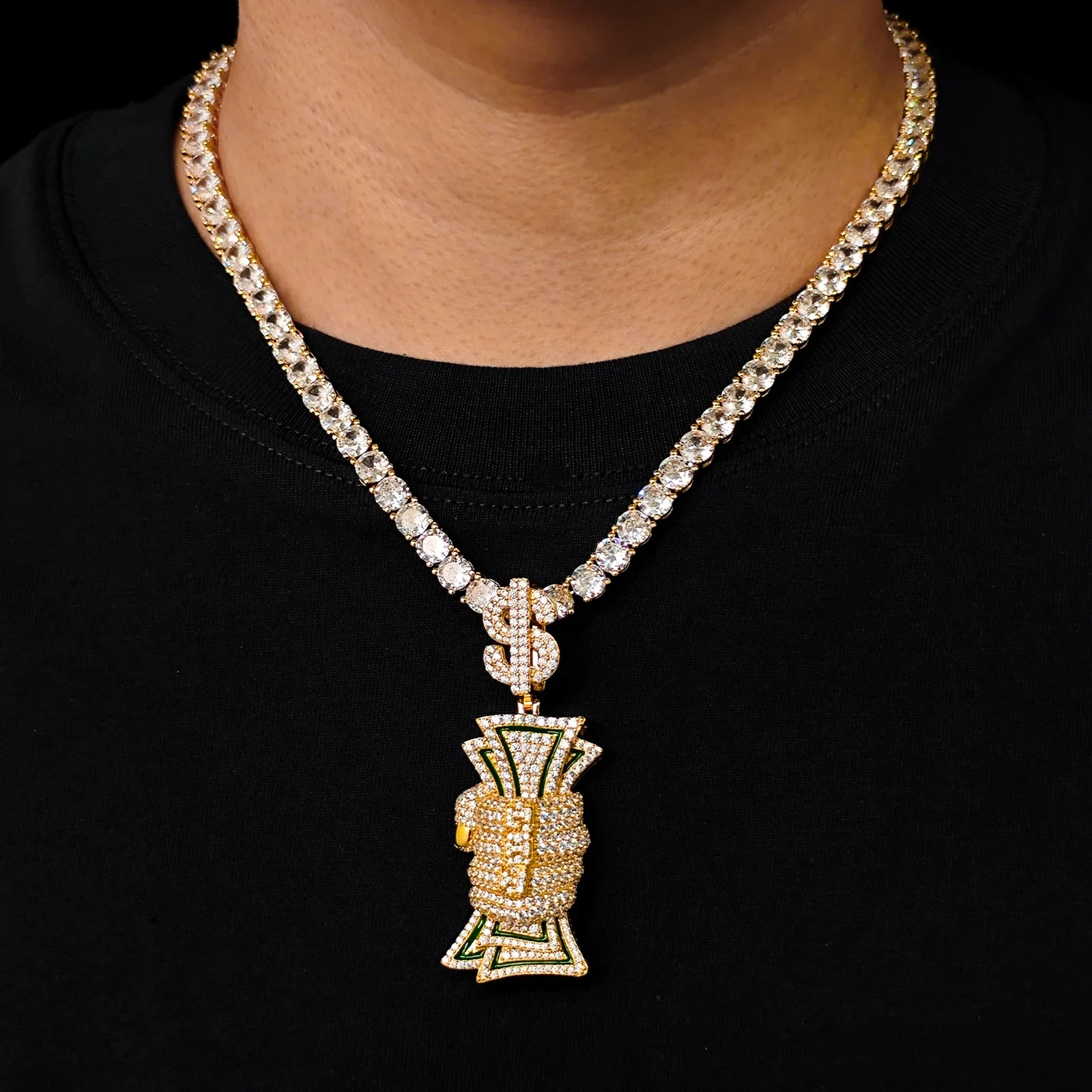 MOISSANITE DIAMOND DOLLAR SIGN MONEY GRAB PENDANT IN STERLING SILVER - Image 6