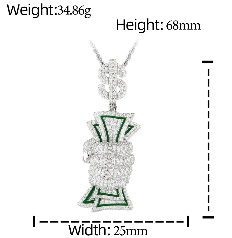 MOISSANITE DIAMOND DOLLAR SIGN MONEY GRAB PENDANT IN STERLING SILVER - Image 7