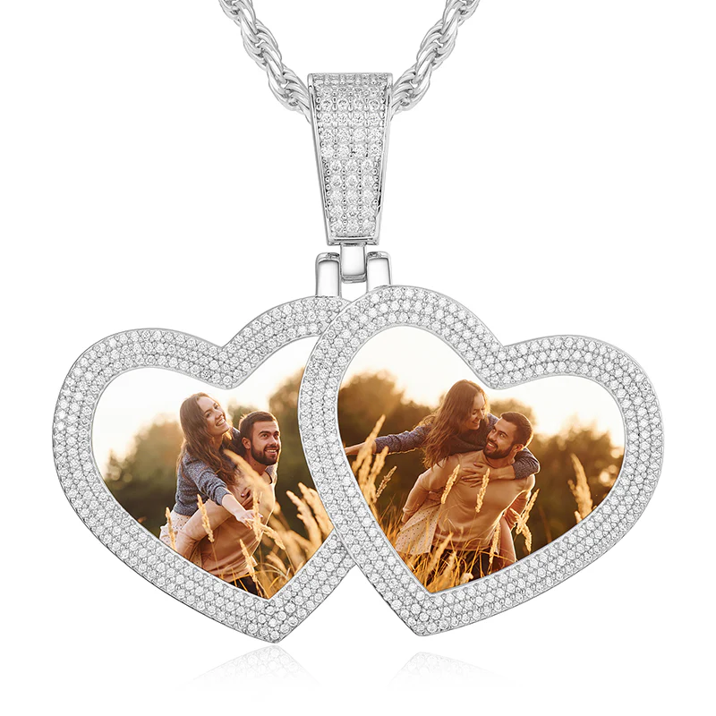 MOISSANITE DIAMOND DOUBLE HEART CUSTOM PHOTO PENDANT IN STERLING SILVER - Image 6