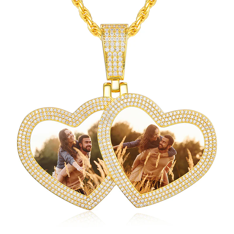 MOISSANITE DIAMOND DOUBLE HEART CUSTOM PHOTO PENDANT IN STERLING SILVER - Image 7