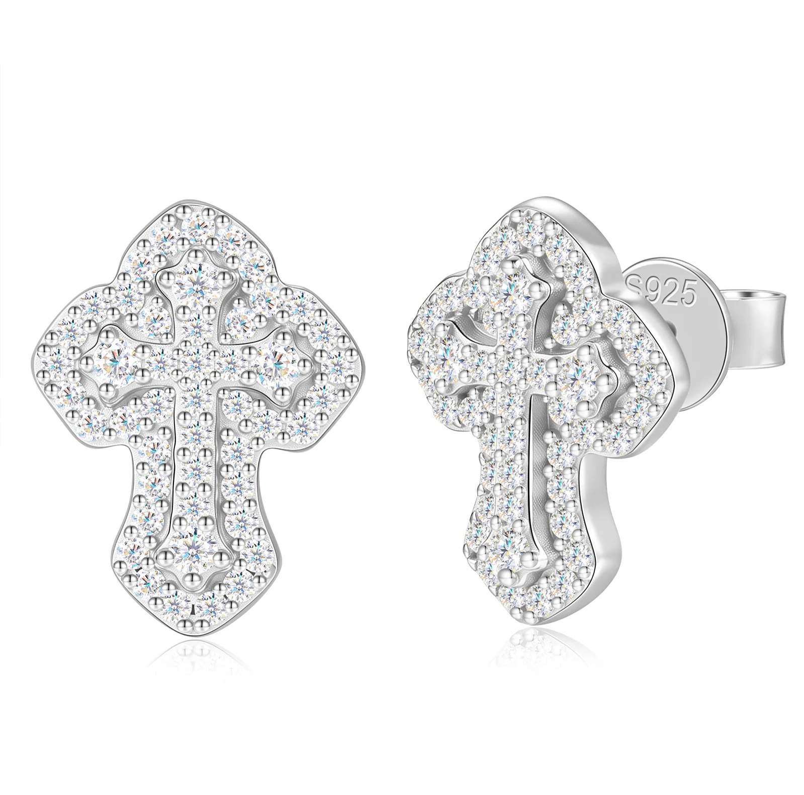 MOISSANITE DIAMOND DOUBLE LAYERED CROSS STUD EARRINGS IN STERLING SILVER - Image 6