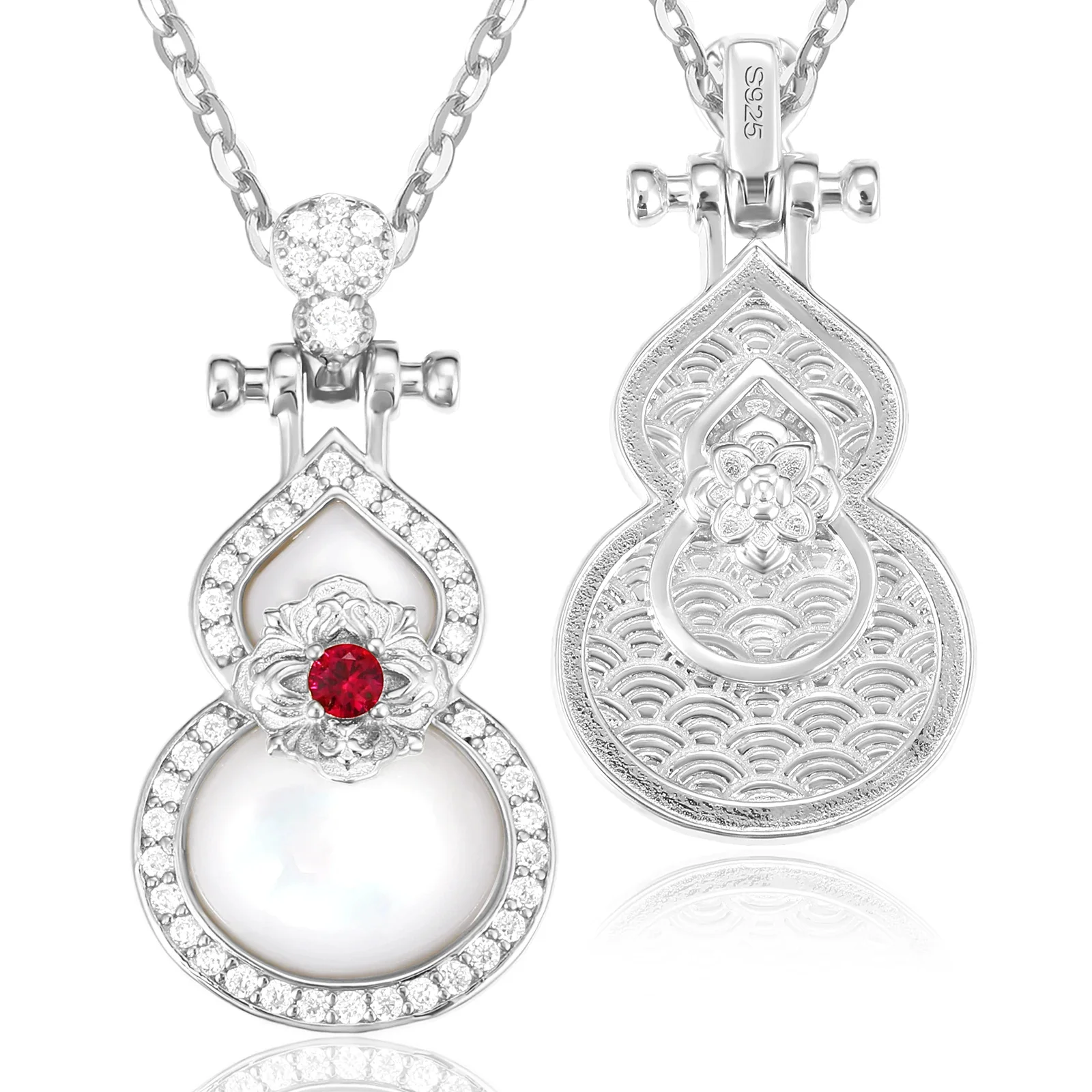 MOISSANITE DIAMOND DOUBLE SIDED PEARL GOURD PENDANT IN STERLING SILVER - Image 7