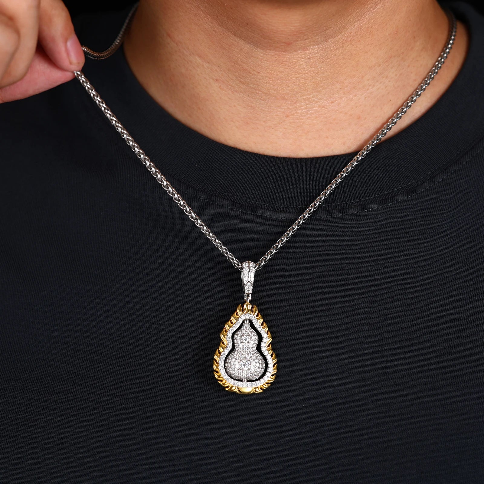 MOISSANITE DIAMOND DOUBLE SIDED ROTATABLE FLAME GOURD PENDANT IN STERLING SILVER - Image 2