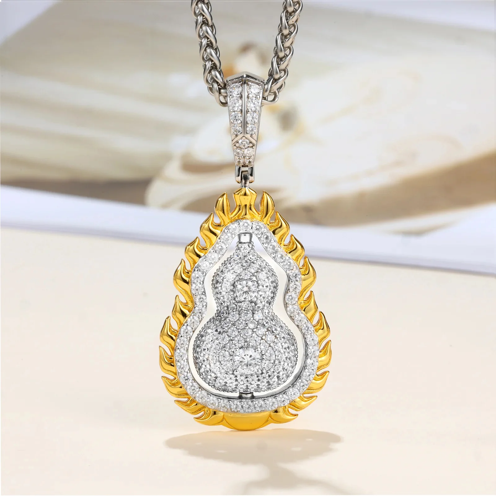 MOISSANITE DIAMOND DOUBLE SIDED ROTATABLE FLAME GOURD PENDANT IN STERLING SILVER - Image 3