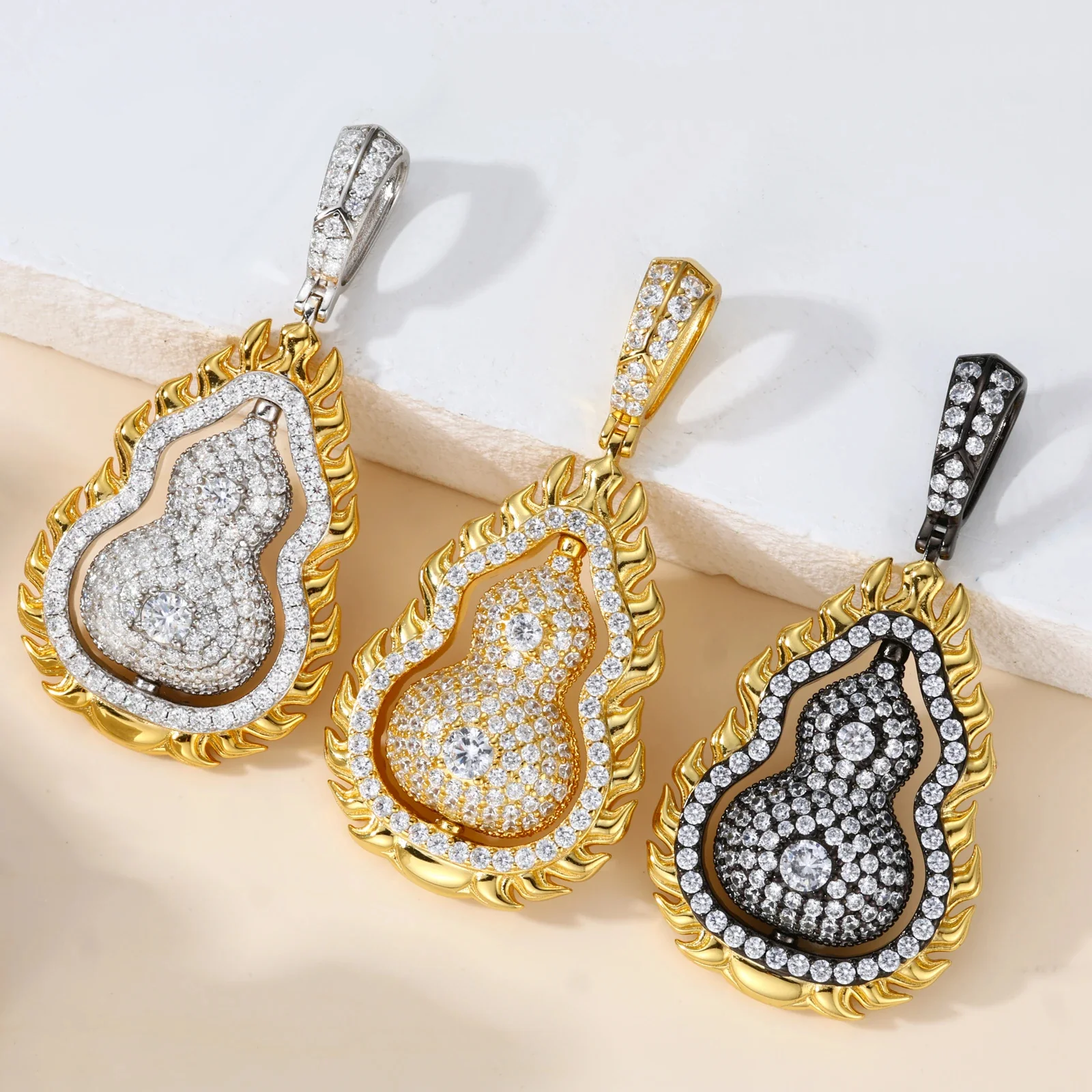 MOISSANITE DIAMOND DOUBLE SIDED ROTATABLE FLAME GOURD PENDANT IN STERLING SILVER - Image 4