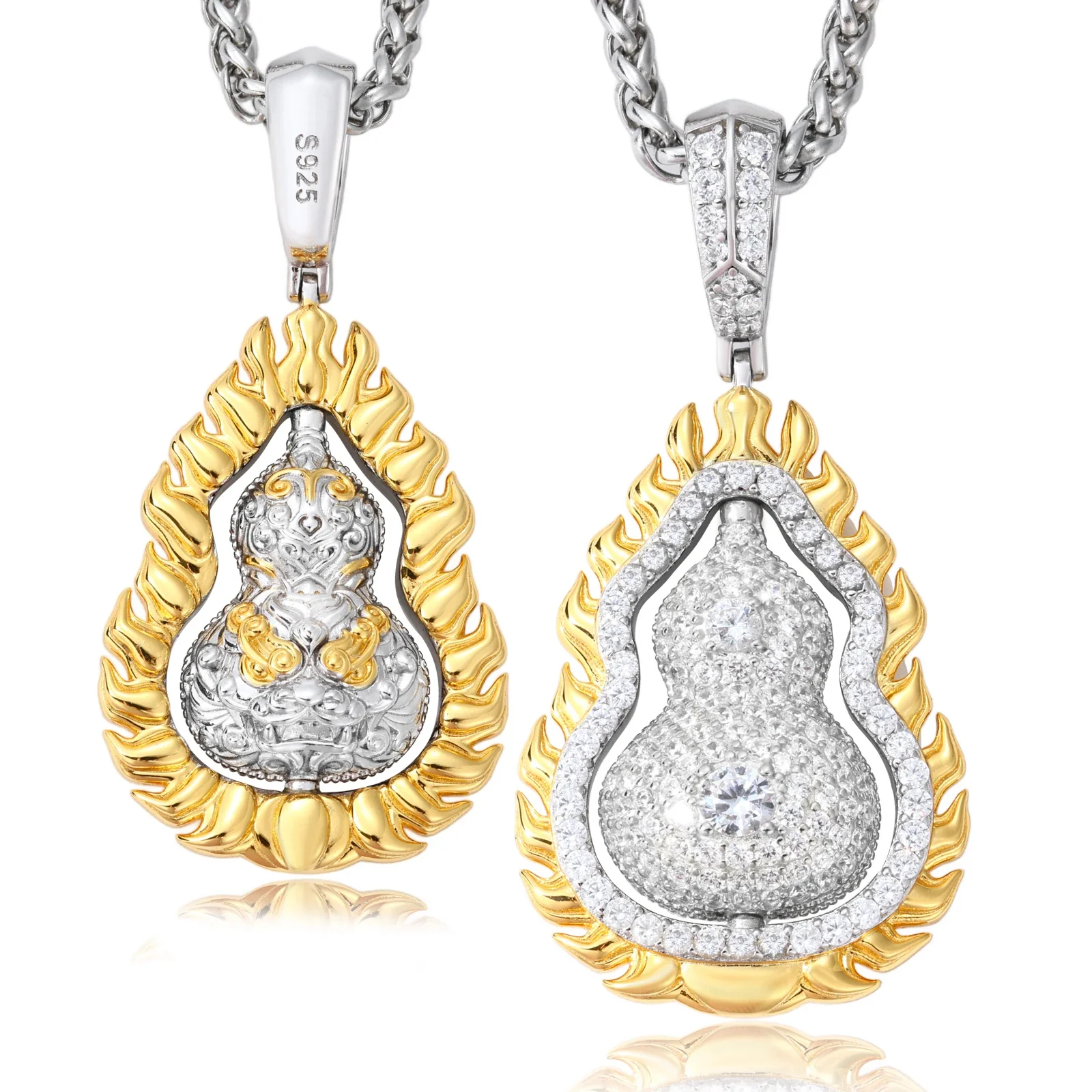 MOISSANITE DIAMOND DOUBLE SIDED ROTATABLE FLAME GOURD PENDANT IN STERLING SILVER - Image 6