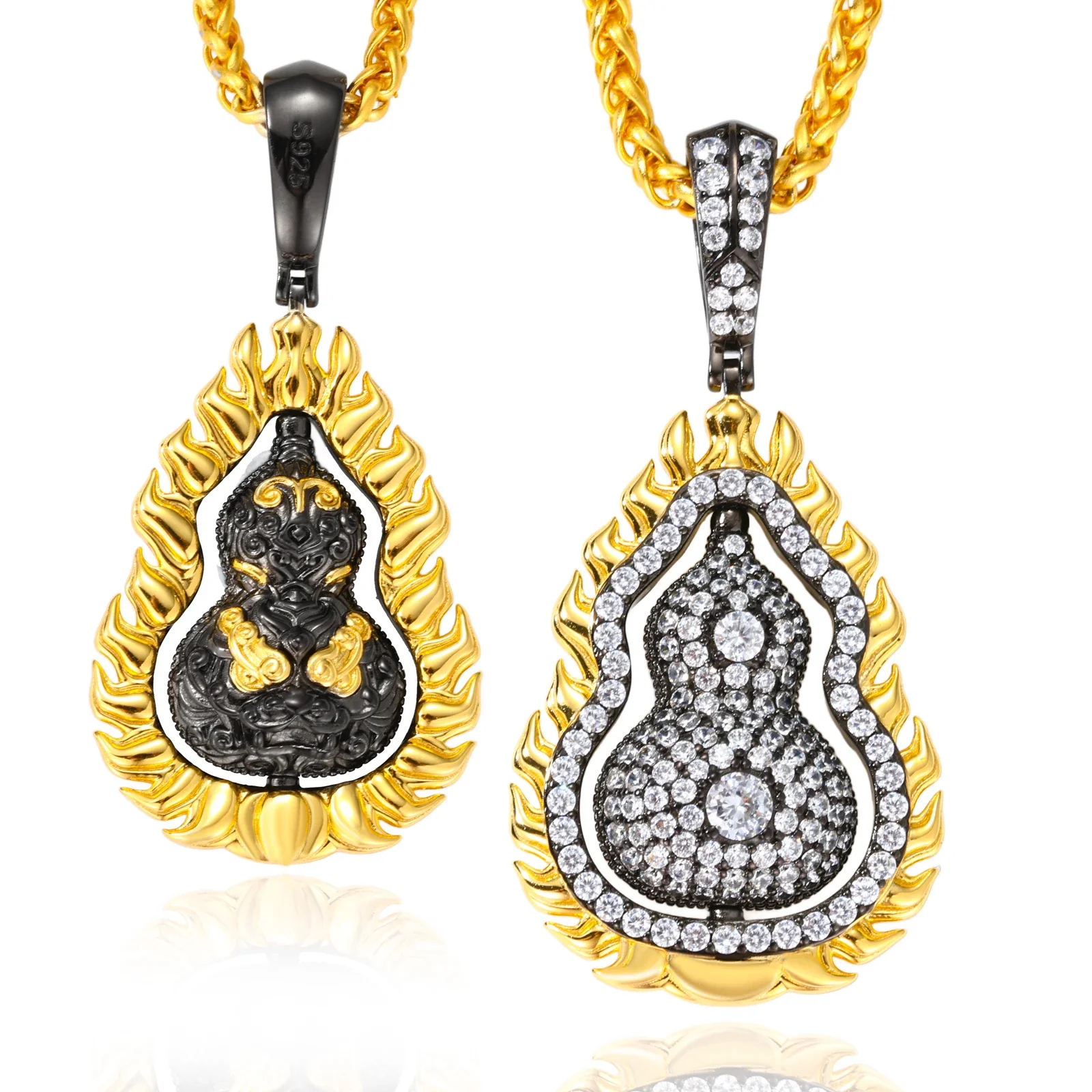 MOISSANITE DIAMOND DOUBLE SIDED ROTATABLE FLAME GOURD PENDANT IN STERLING SILVER - Image 8