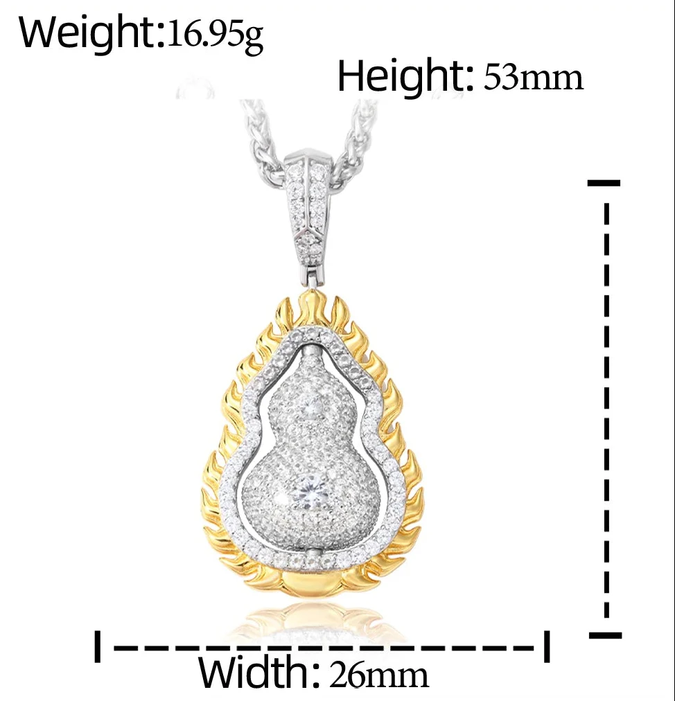 MOISSANITE DIAMOND DOUBLE SIDED ROTATABLE FLAME GOURD PENDANT IN STERLING SILVER - Image 9