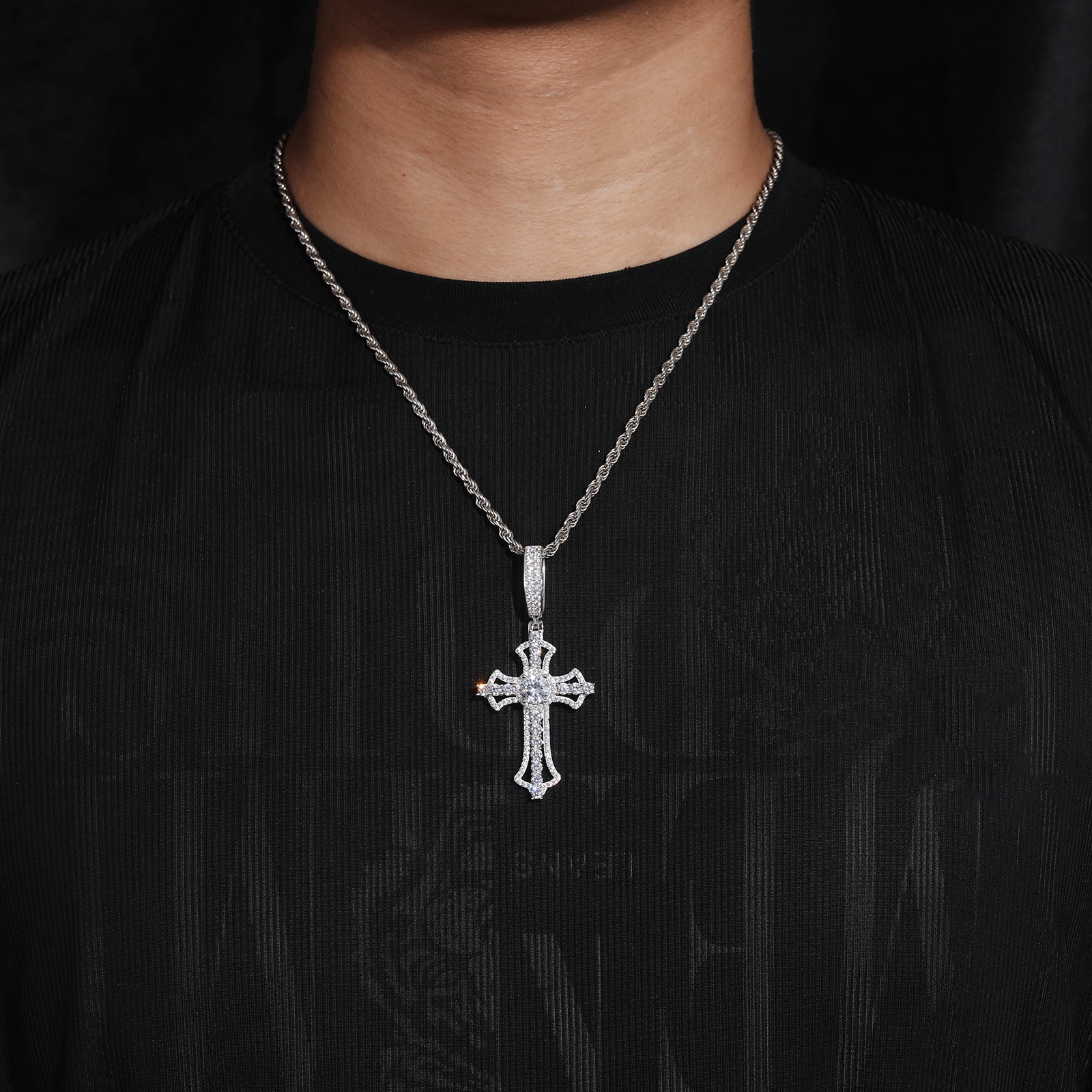 MOISSANITE DIAMOND ENCASED CROSS PENDANT IN STERLING SILVER - Image 2