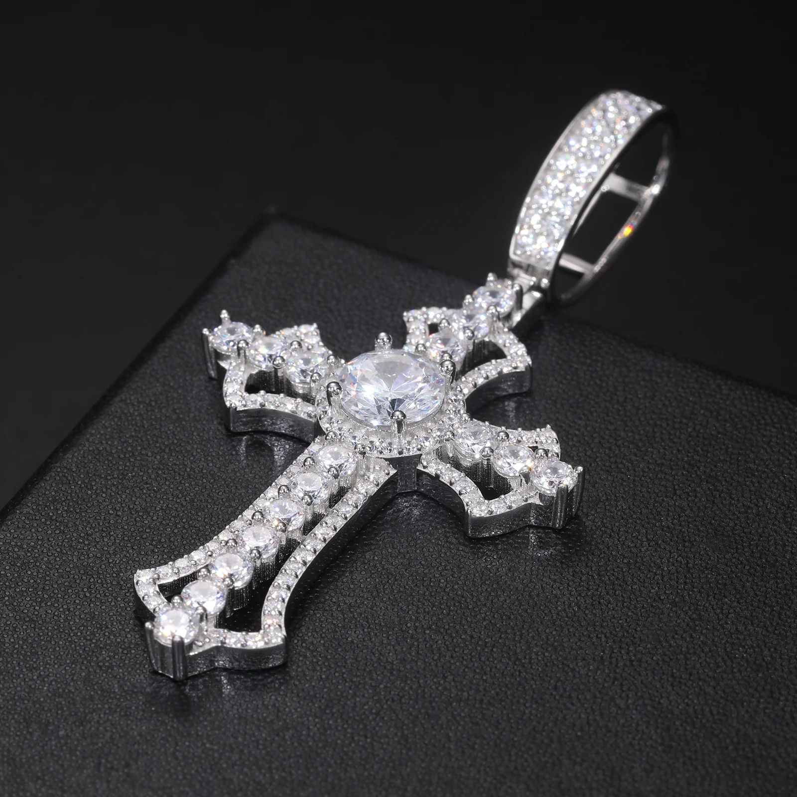 MOISSANITE DIAMOND ENCASED CROSS PENDANT IN STERLING SILVER - Image 3