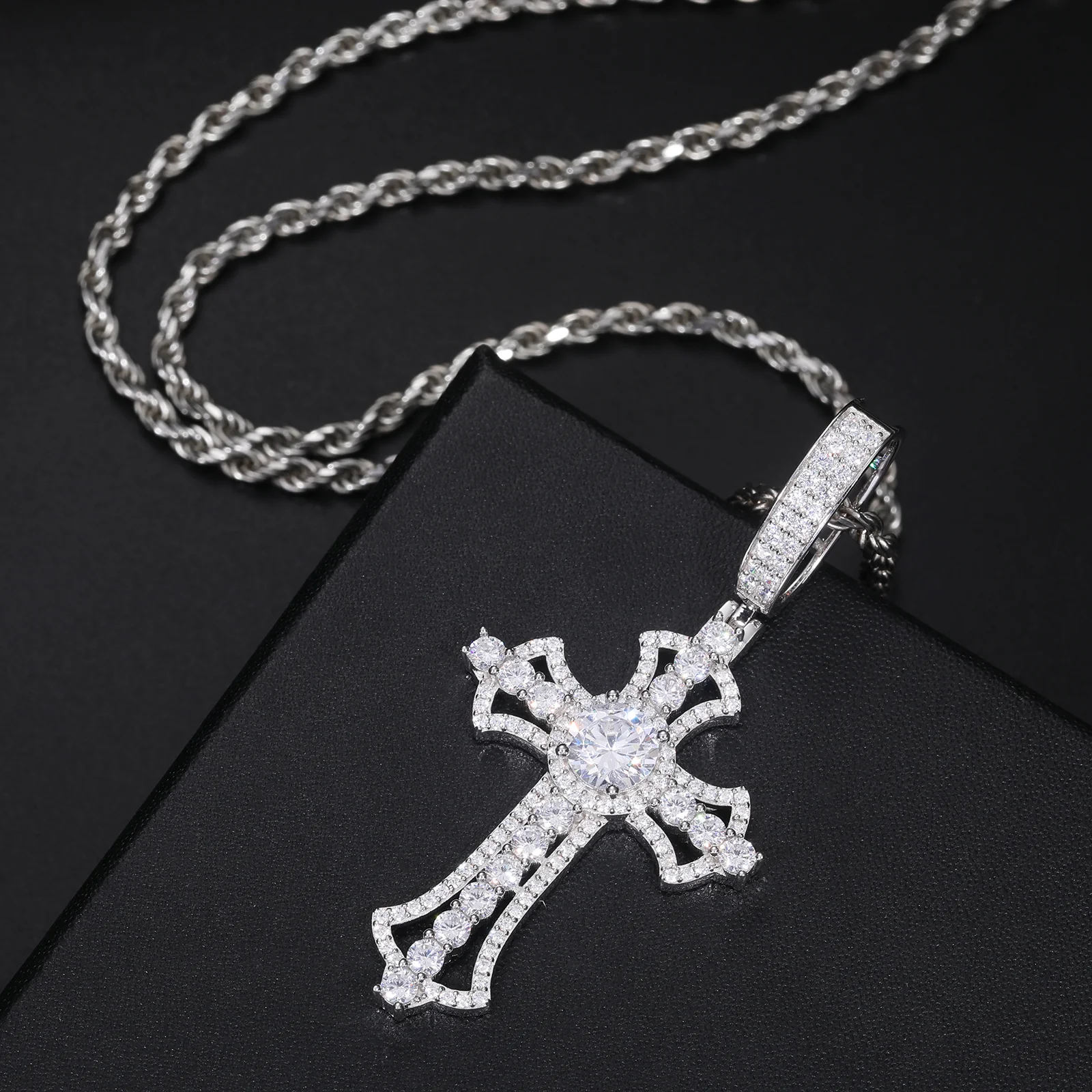 MOISSANITE DIAMOND ENCASED CROSS PENDANT IN STERLING SILVER - Image 4