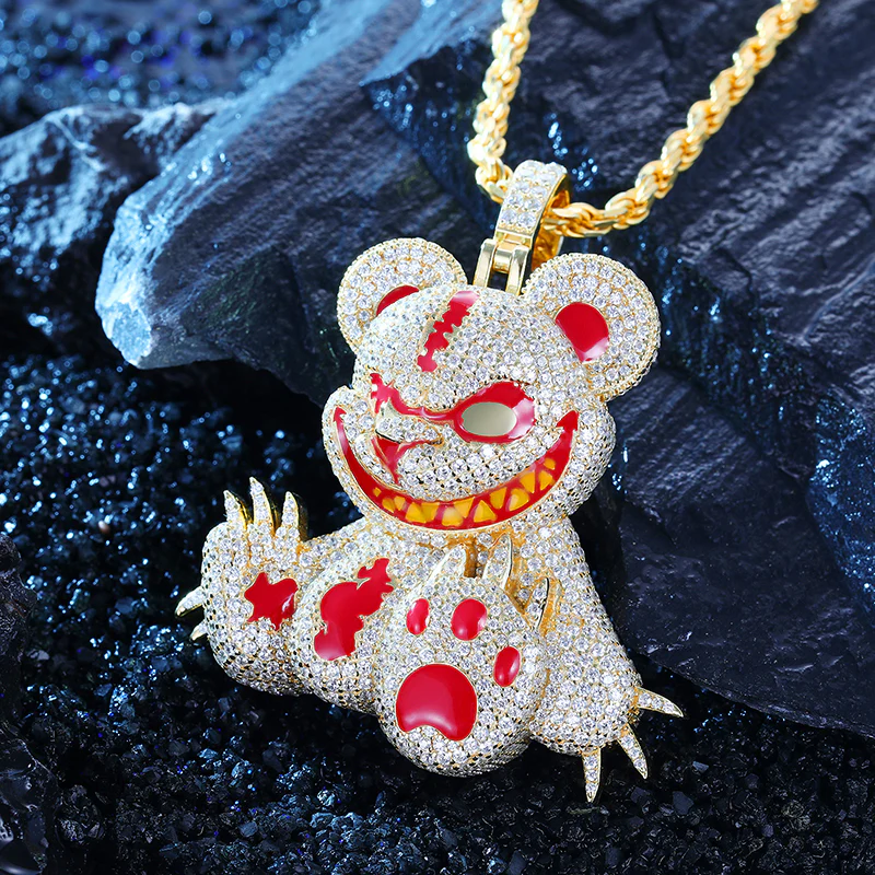 MOISSANITE DIAMOND EVIL BEAR ANIMAL PENDANT NECKLACE IN STERLING SILVER - Image 2