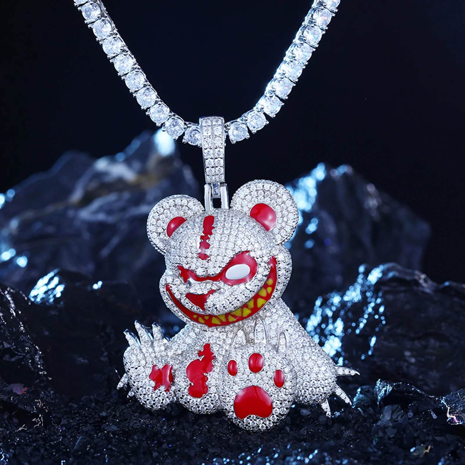 MOISSANITE DIAMOND EVIL BEAR ANIMAL PENDANT NECKLACE IN STERLING SILVER - Image 5