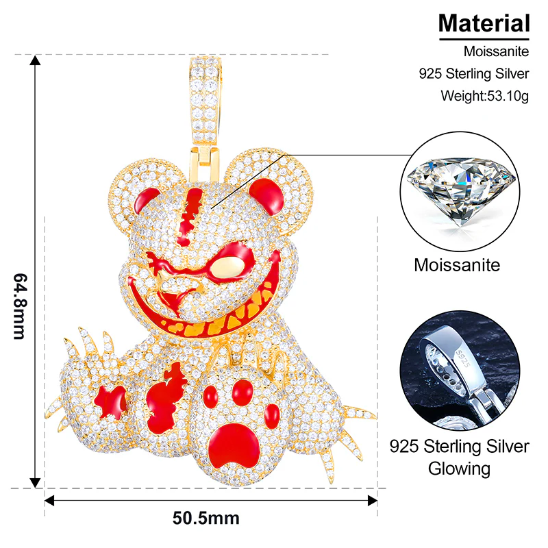 MOISSANITE DIAMOND EVIL BEAR ANIMAL PENDANT NECKLACE IN STERLING SILVER - Image 6