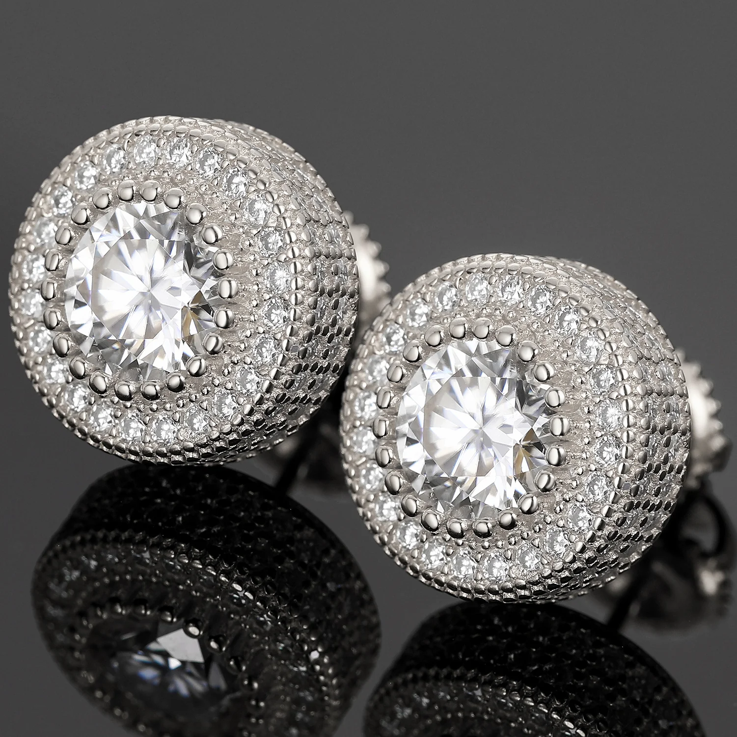 MOISSANITE DIAMOND FLOWER HALO STUD EARRING IN STERLING SILVER - Image 3