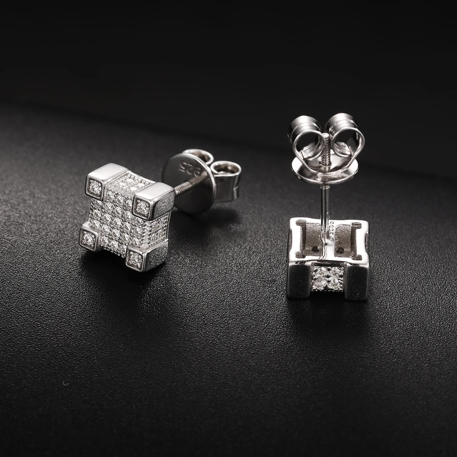 MOISSANITE GEOMETRIC SQUARE DIAMOND STUD EARRINGS IN STERLING SILVER - Image 3