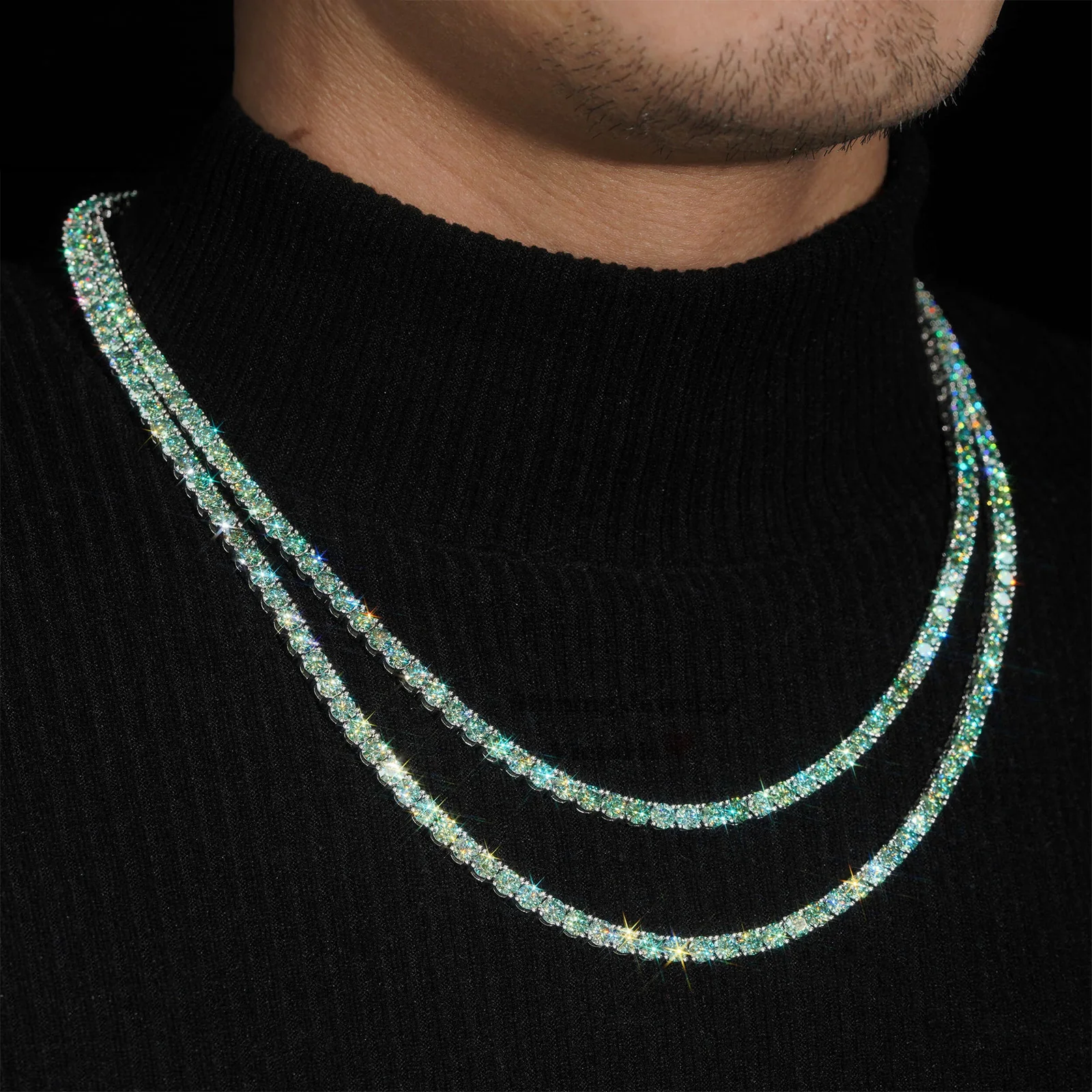 GREEN MOISSANITE DIAMOND CLUSTER TENNIS CHAIN IN STERLING SILVER - Image 2