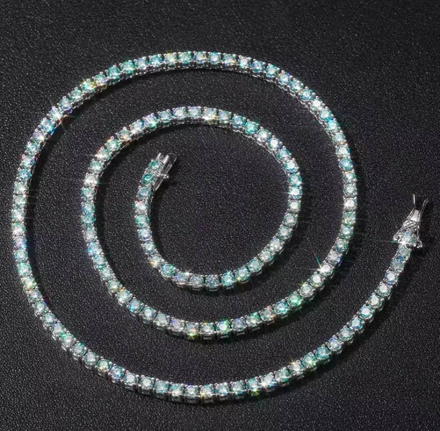 GREEN MOISSANITE DIAMOND CLUSTER TENNIS CHAIN IN STERLING SILVER - Image 3