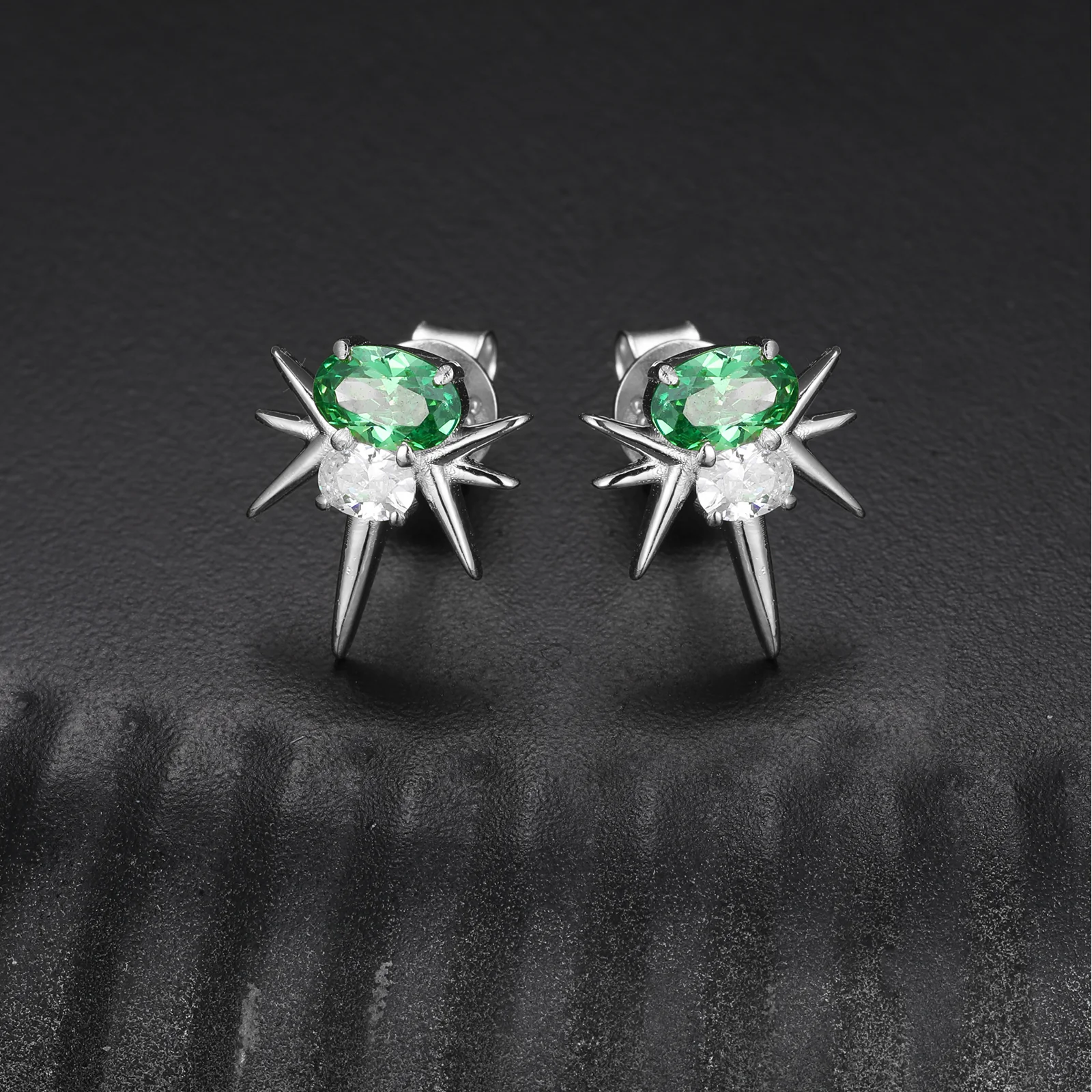 MOISSANITE DIAMOND GREEN CZ OVAL BEE-STING STUD EARRINGS IN STERLING SILVER - Image 2